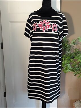 Bob Mackie Black-White Striped Dress with Pink Accent. Size 1X. Art To Wear.